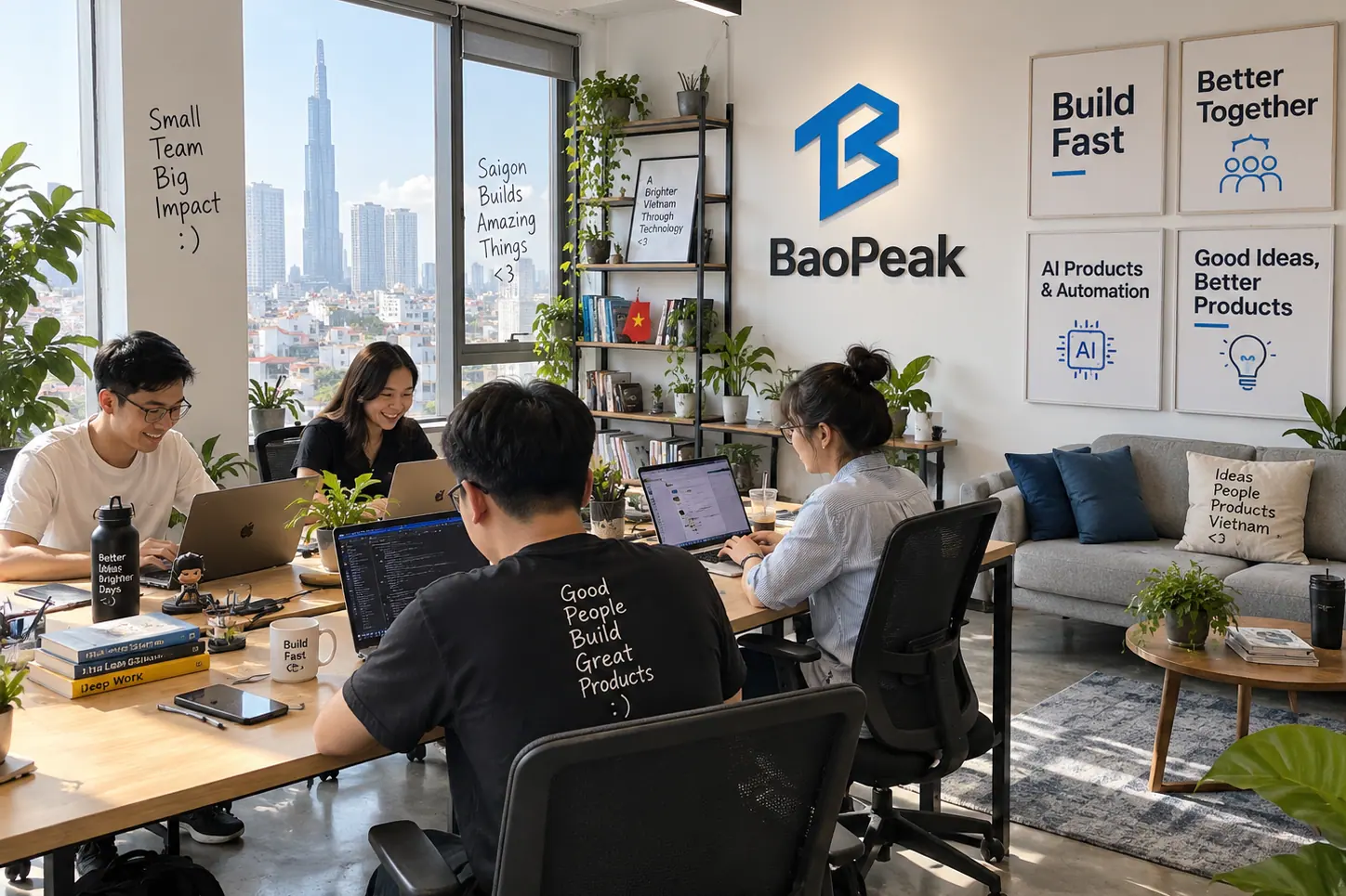 Không gian làm việc BaoPeak: bốn người ngồi bàn dài, logo BaoPeak trên tường, poster "AI Products & Automation"